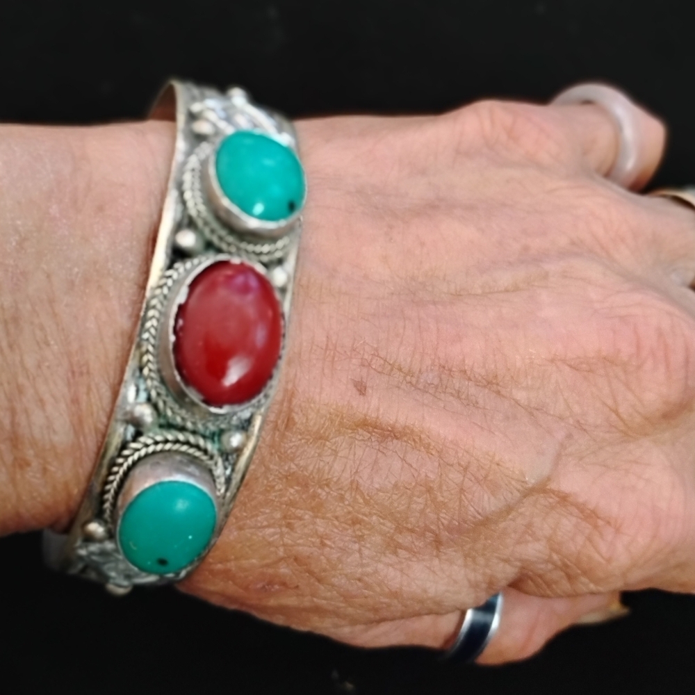 Vintage Tibetan Silver Cuff Bracelet w/ Turquoise & Coral Stones - Picture 2 of 4